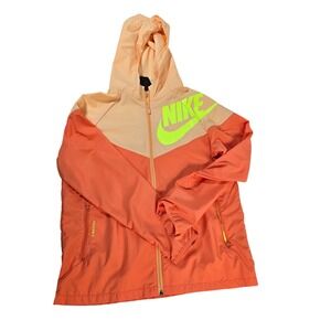 Nike Packable Hooded Windbreaker Jacket Women XL Loose‎ Fit Orange Neon Swoosh